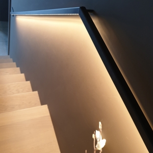 trapleuning tegen de muur in staal met led verlichting